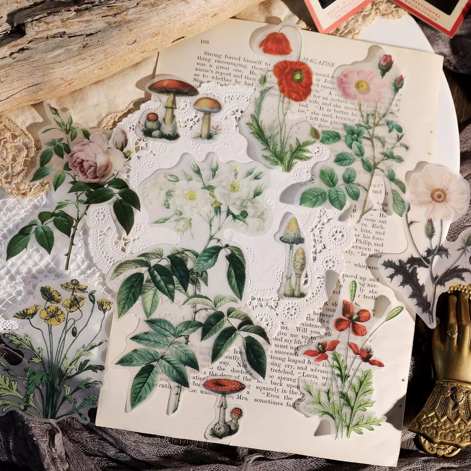 Large vintage floral and mushroom self-adhesive vellum scrapbook stickers 3