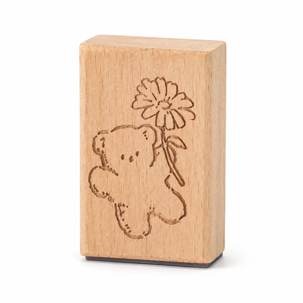 Little Bear and Flower beech wood rubber stamp on pure white background