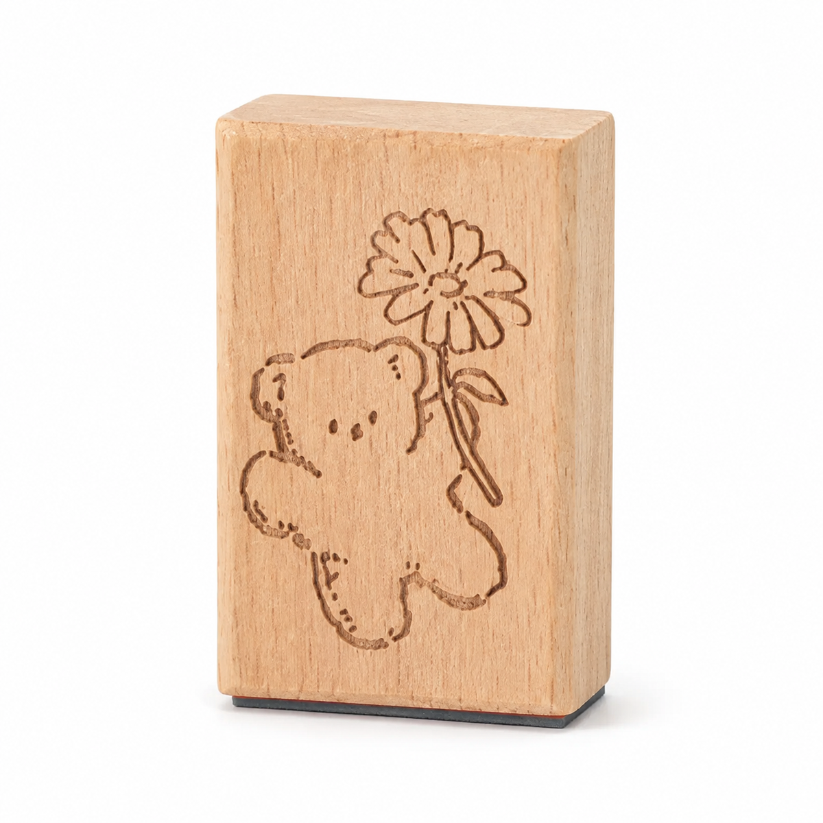 Little Bear and Flower beech wood rubber stamp on pure white background