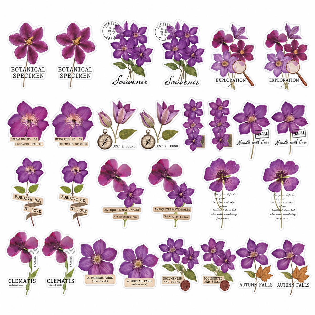 30PCS Hazy Past Flower transparent PET flower stickers on white