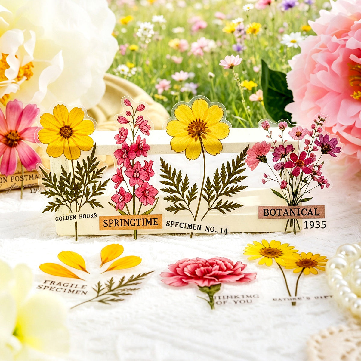 Hazy Past Flower PET stickers packaging and size detail