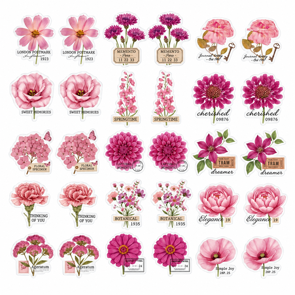 30PCS Sweet Dream Flower transparent PET flower stickers on white