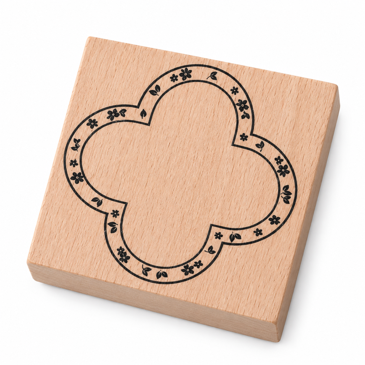 Floral Quatrefoil Frame Wooden Stamp on a white background