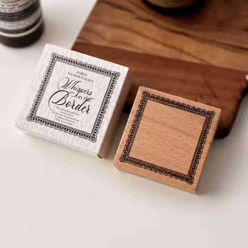 Ornate Square Frame Wooden Stamp with packaging in the original photograph