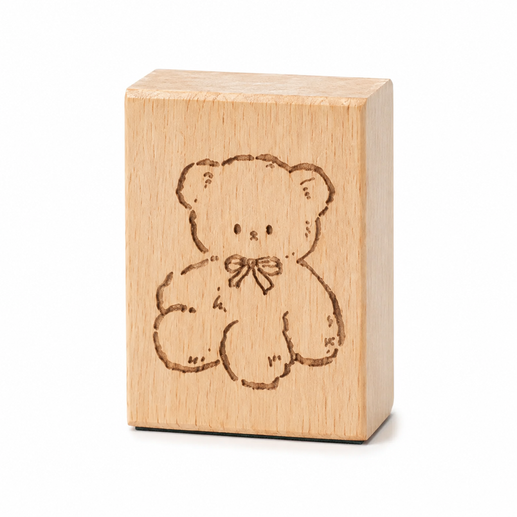 Sitting Bear beech wood rubber stamp on pure white background