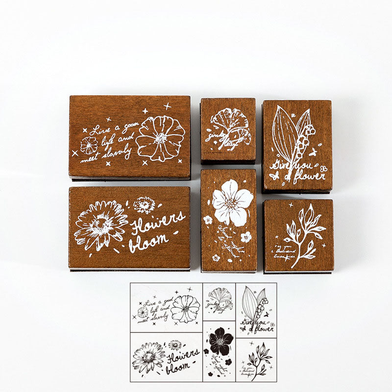 6 Pcs Vintage Forest Botanical Wooden Stamp Set