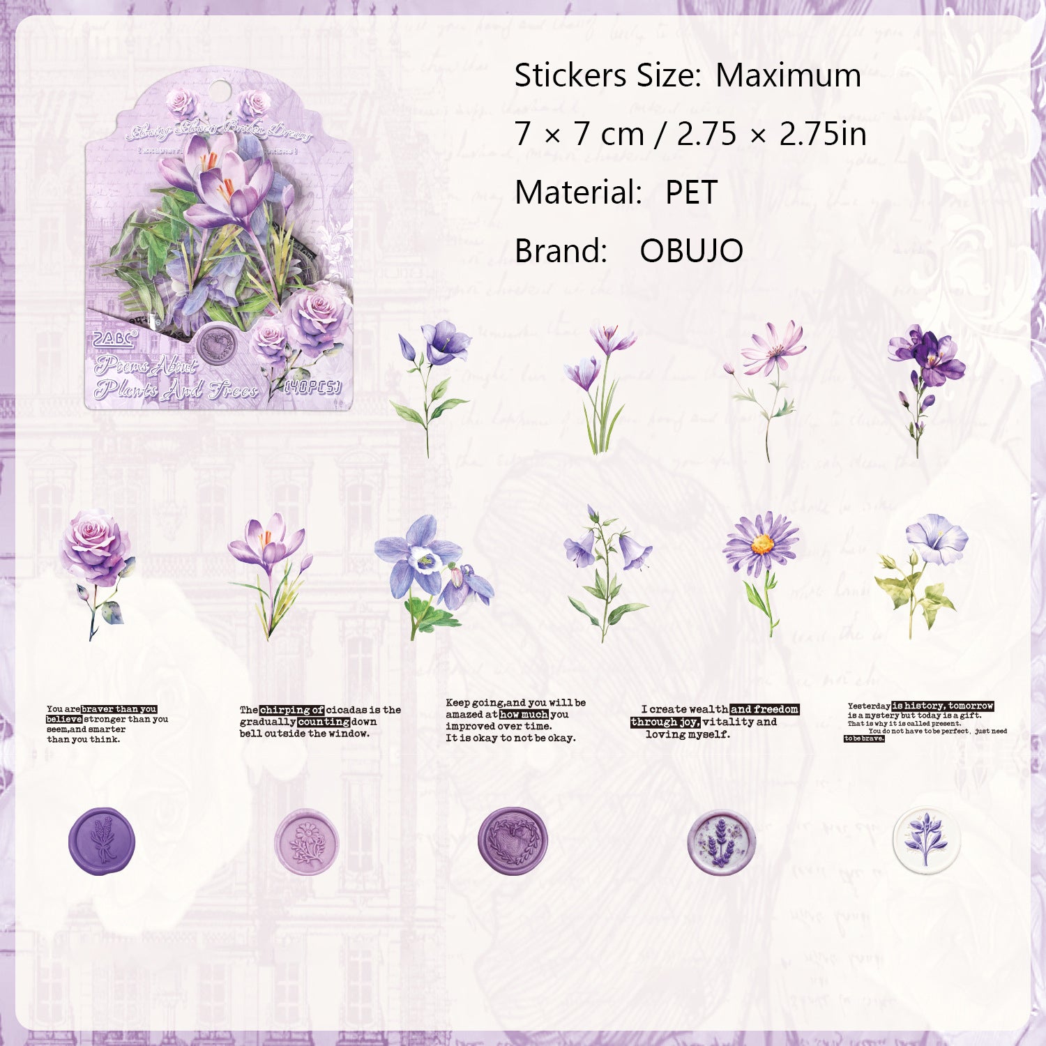 40 Pcs Watercolor Flower Seal PET Stickers CMSX