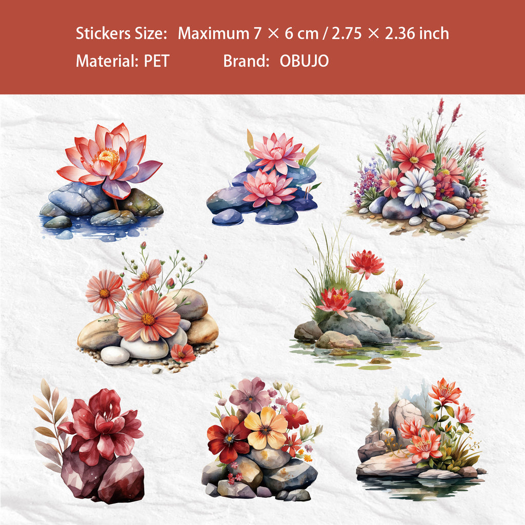 16 Pcs Flower and Stone PET Stickers LJHX