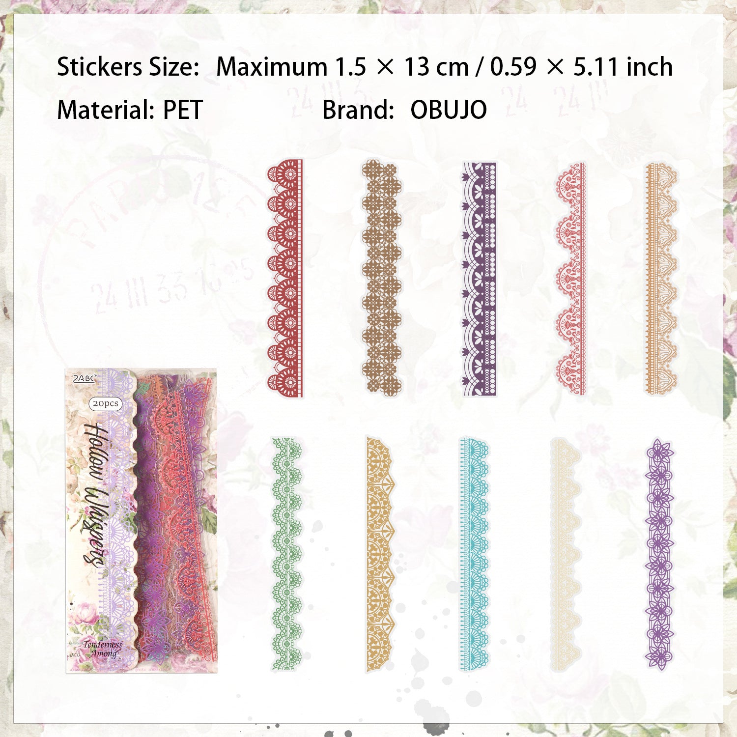 20 Pcs Lace Floral PET Stickers HJQJ