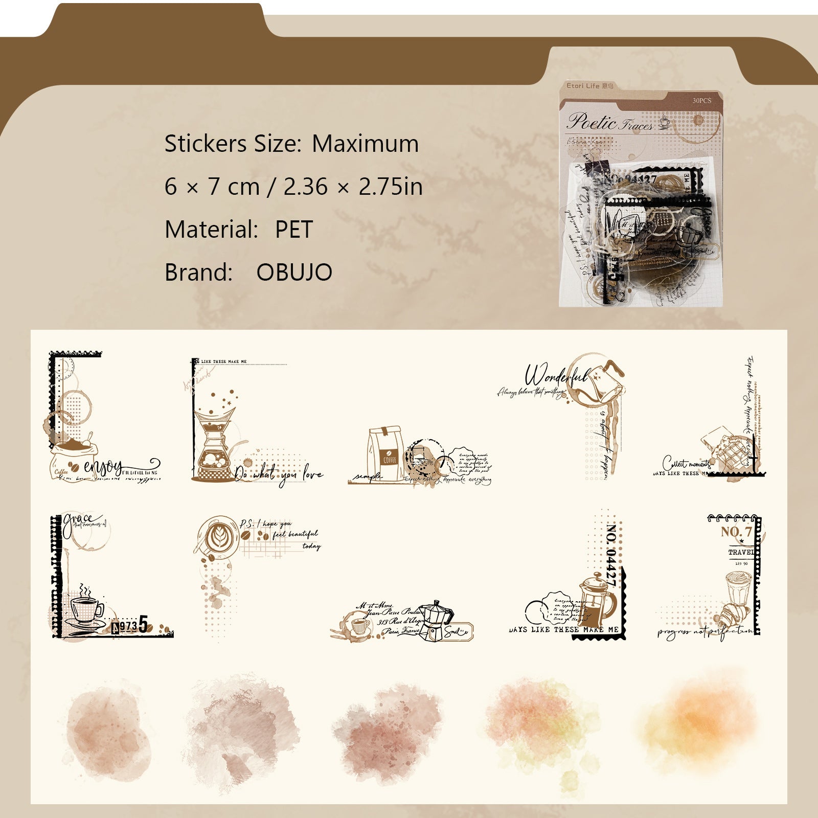 30 Pcs Watercolor Corner PET Stickers