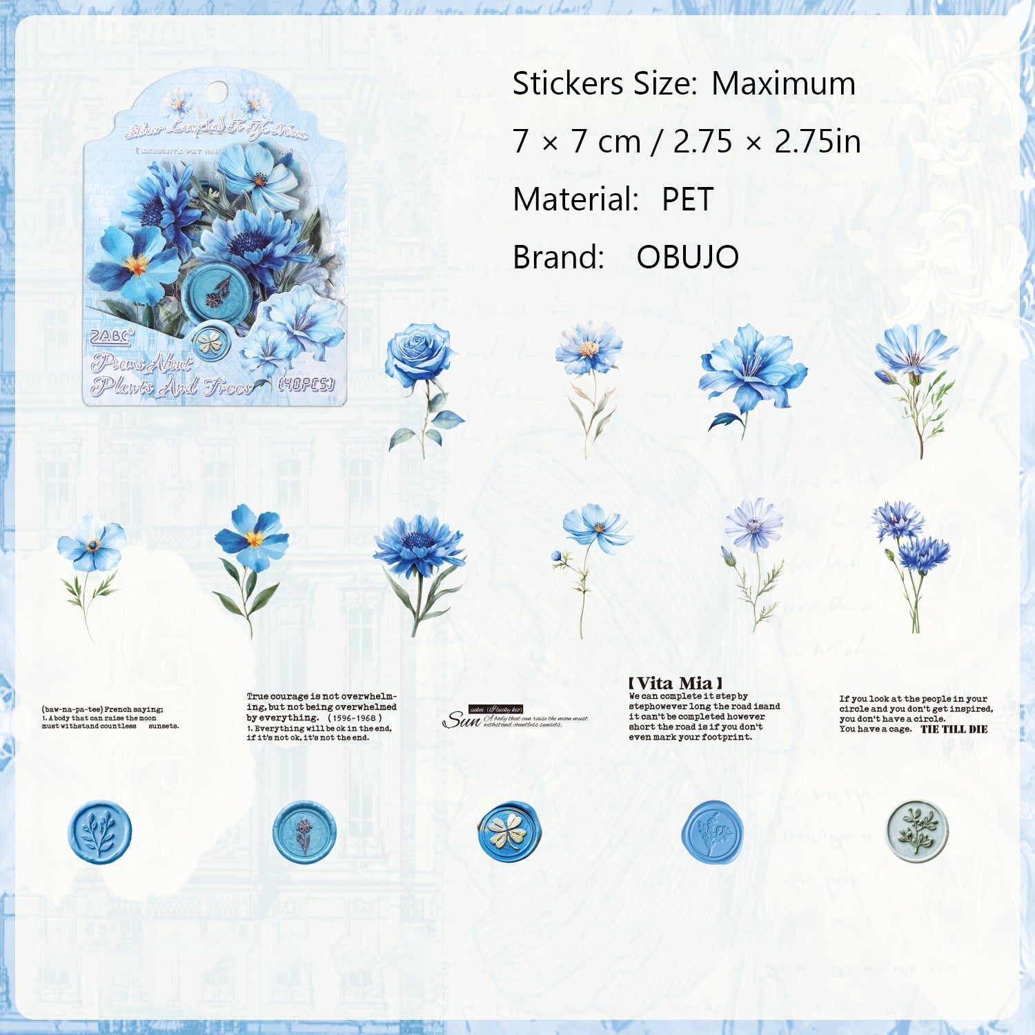 40 Pcs Watercolor Flower Seal PET Stickers CMSX