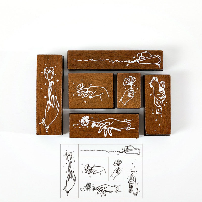 6 Pcs Vintage Surreal Gesture Wooden Stamp Set