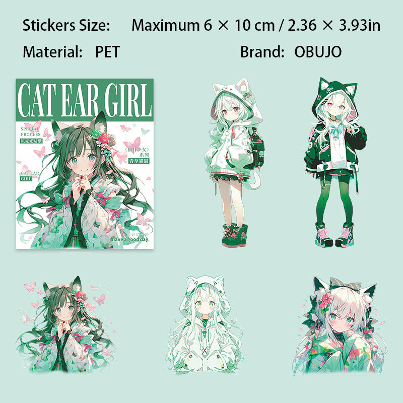 10 Pcs Cartoon Cat-eared Girl PET Stickers MESN