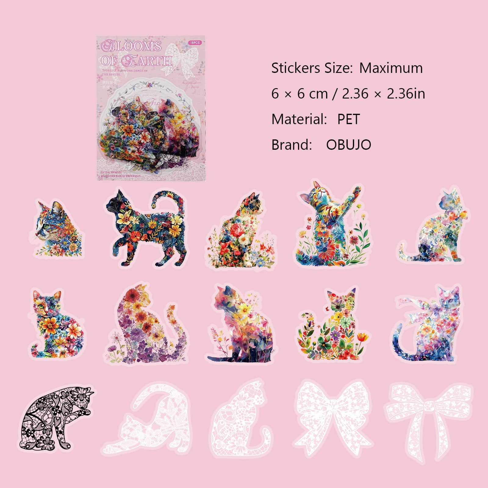 15 Pcs Floral Animal PET Stickers SJFH