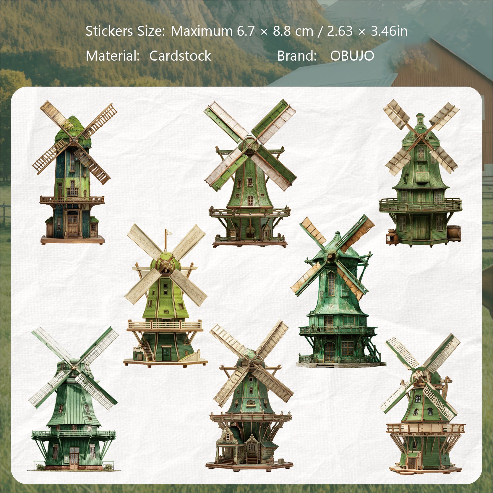8 Sheets Vintage Windmill Cardstock Stickers FCXL