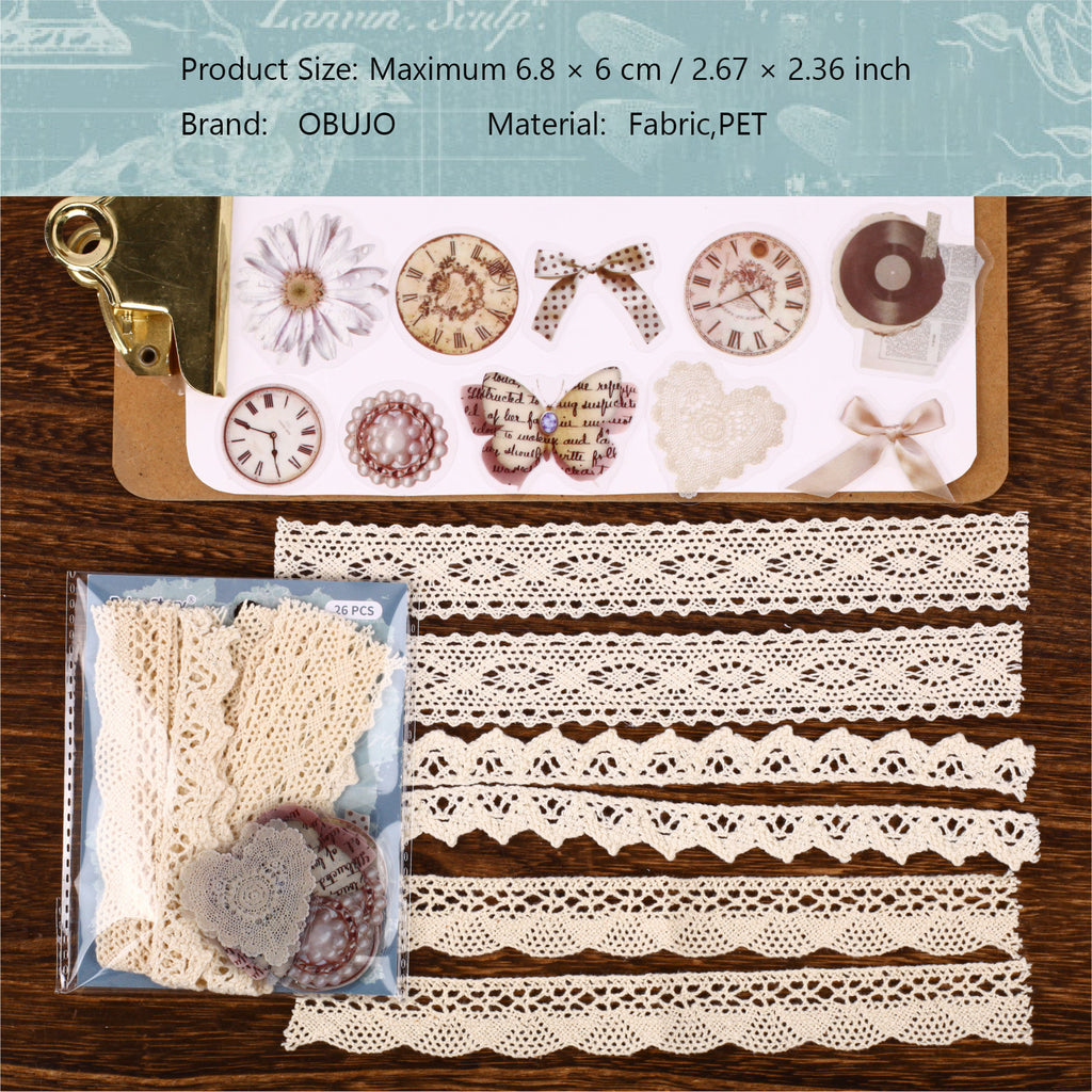 26 Pcs Fabric Lace and PET Stickers MJXL