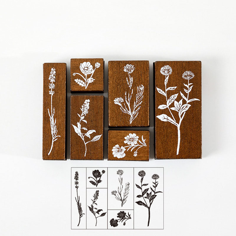 6 Pcs Vintage Herbarium Field Botanical Wooden Stamp Set