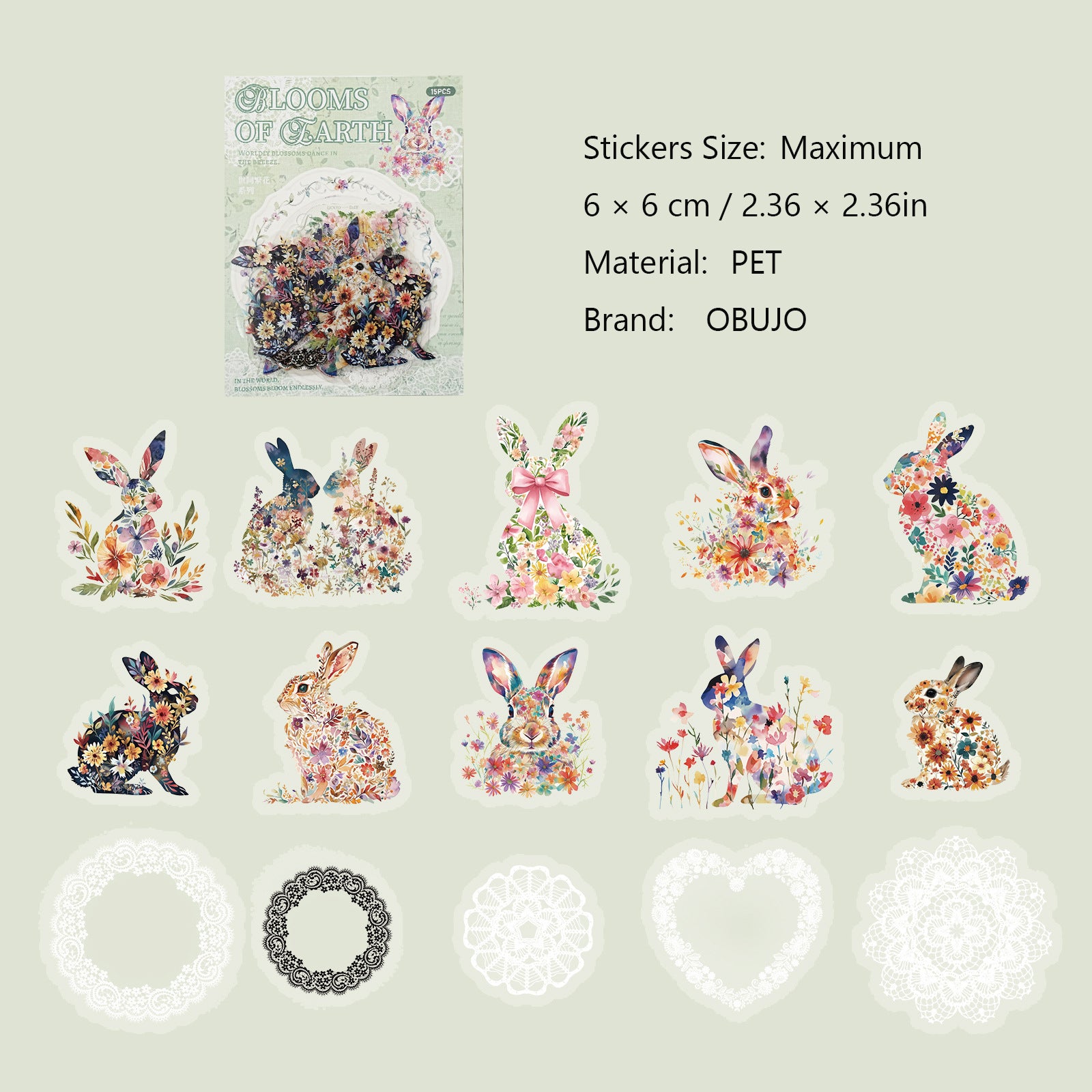 15 Pcs Floral Animal PET Stickers SJFH