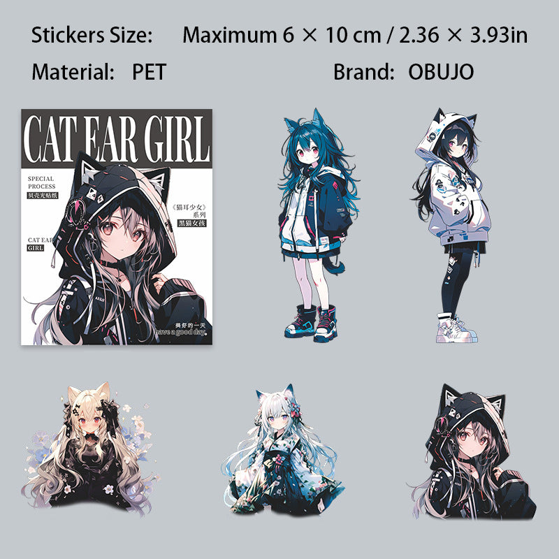 10 Pcs Cartoon Cat-eared Girl PET Stickers MESN