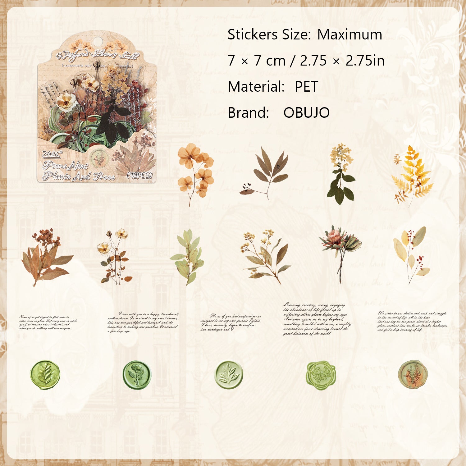 40 Pcs Watercolor Flower Seal PET Stickers CMSX