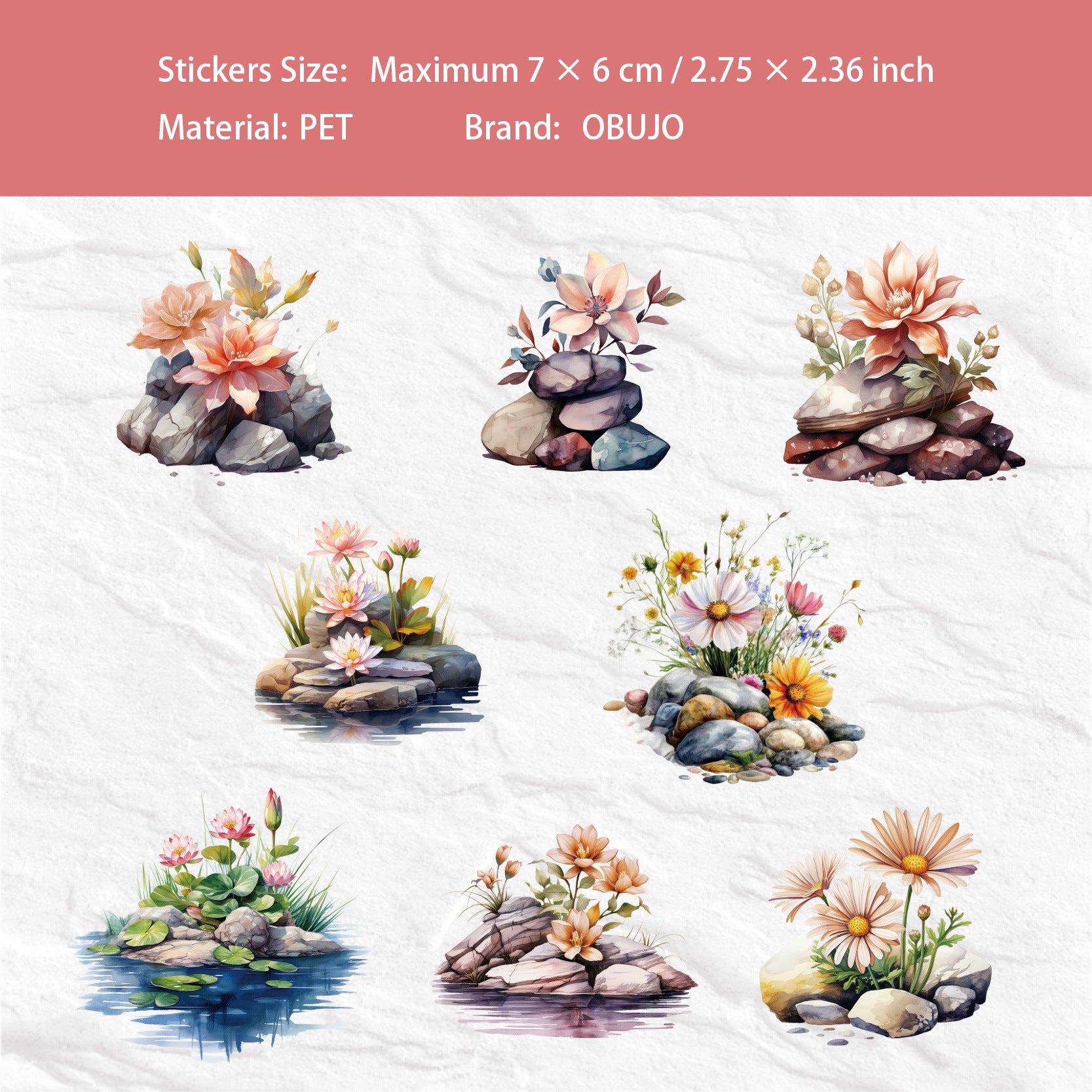 16 Pcs Flower and Stone PET Stickers LJHX