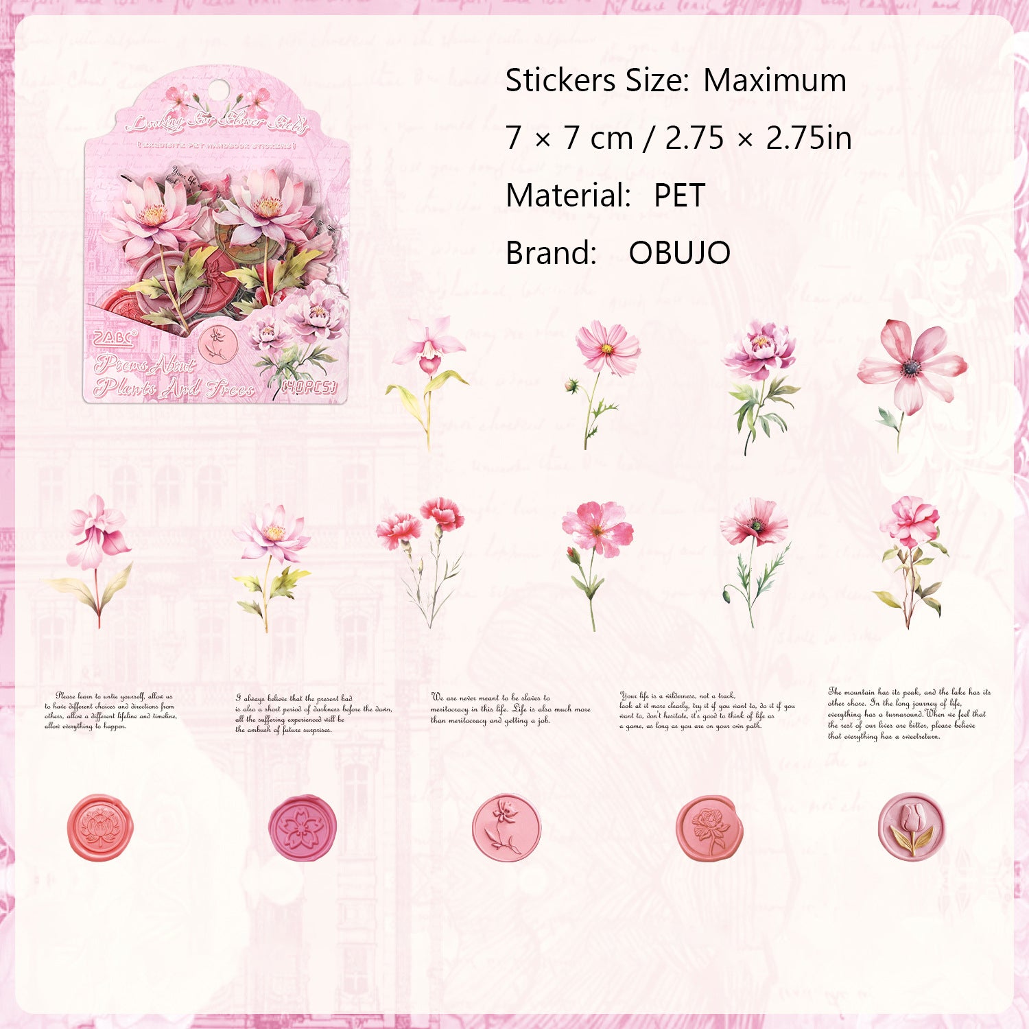 40 Pcs Watercolor Flower Seal PET Stickers CMSX
