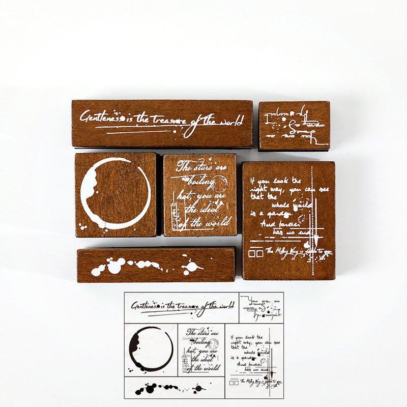 6 Pcs Vintage Coffee Stain Script Wooden Stamp Set