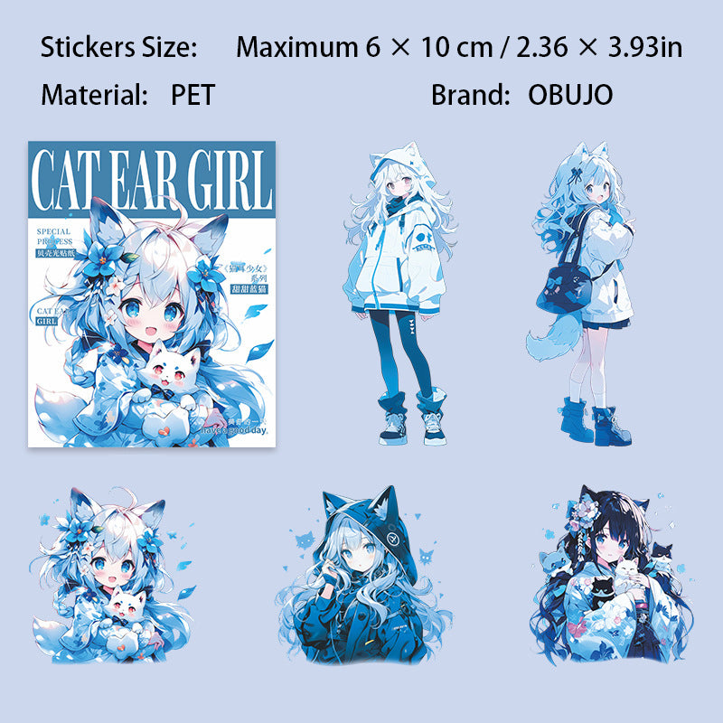 10 Pcs Cartoon Cat-eared Girl PET Stickers MESN