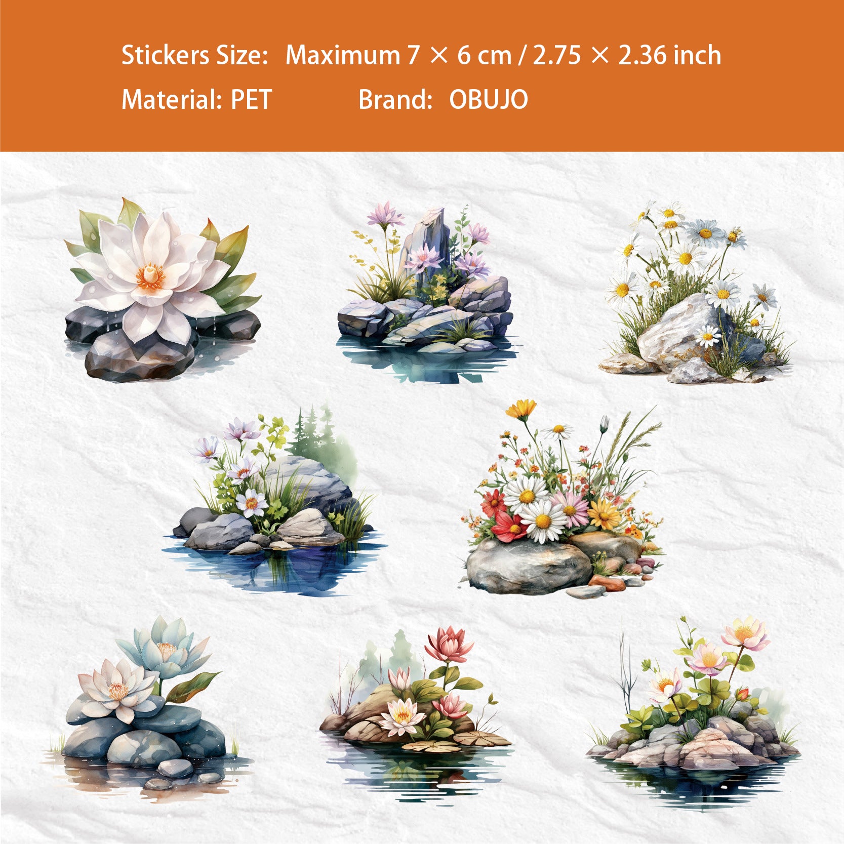 16 Pcs Flower and Stone PET Stickers LJHX