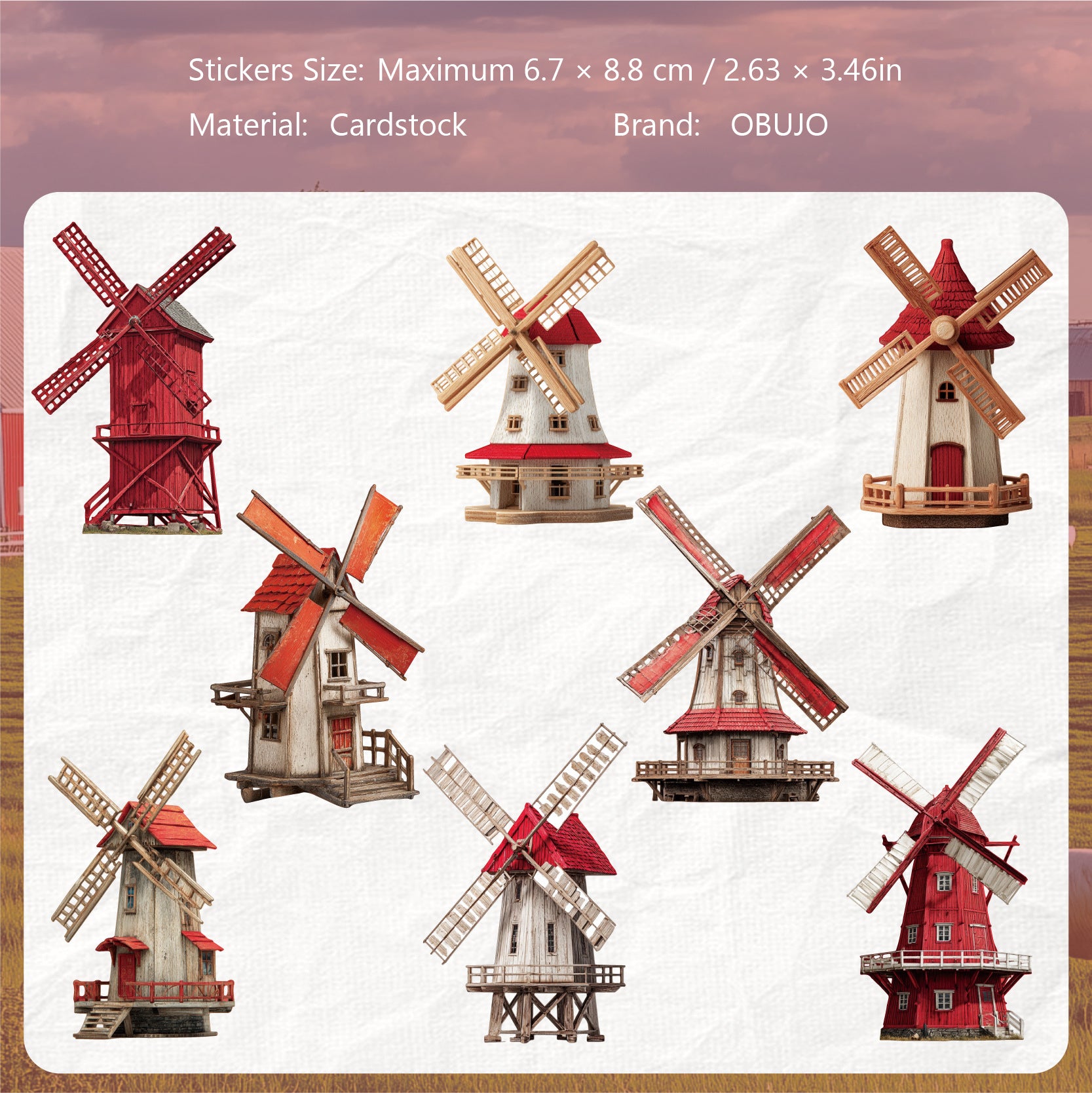 8 Sheets Vintage Windmill Cardstock Stickers FCXL