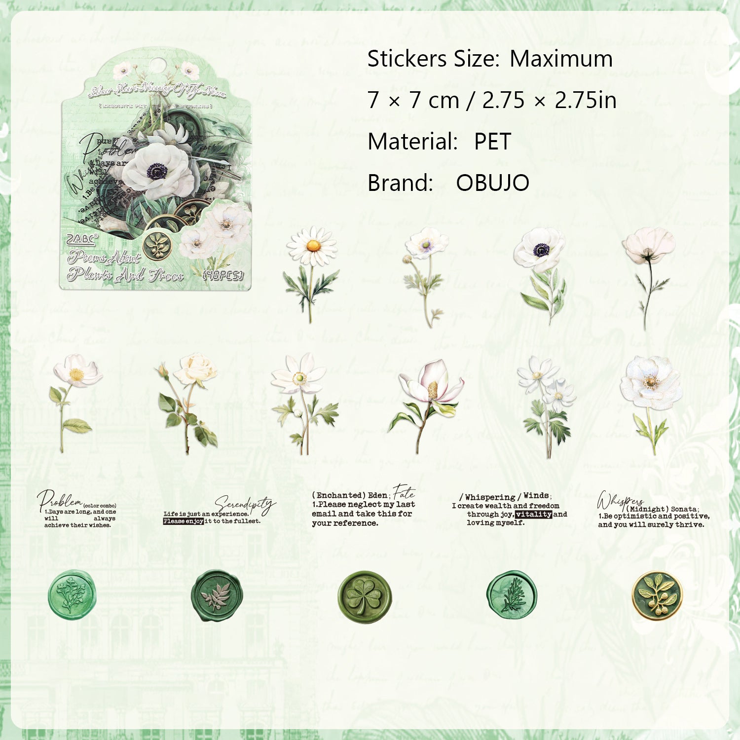40 Pcs Watercolor Flower Seal PET Stickers CMSX
