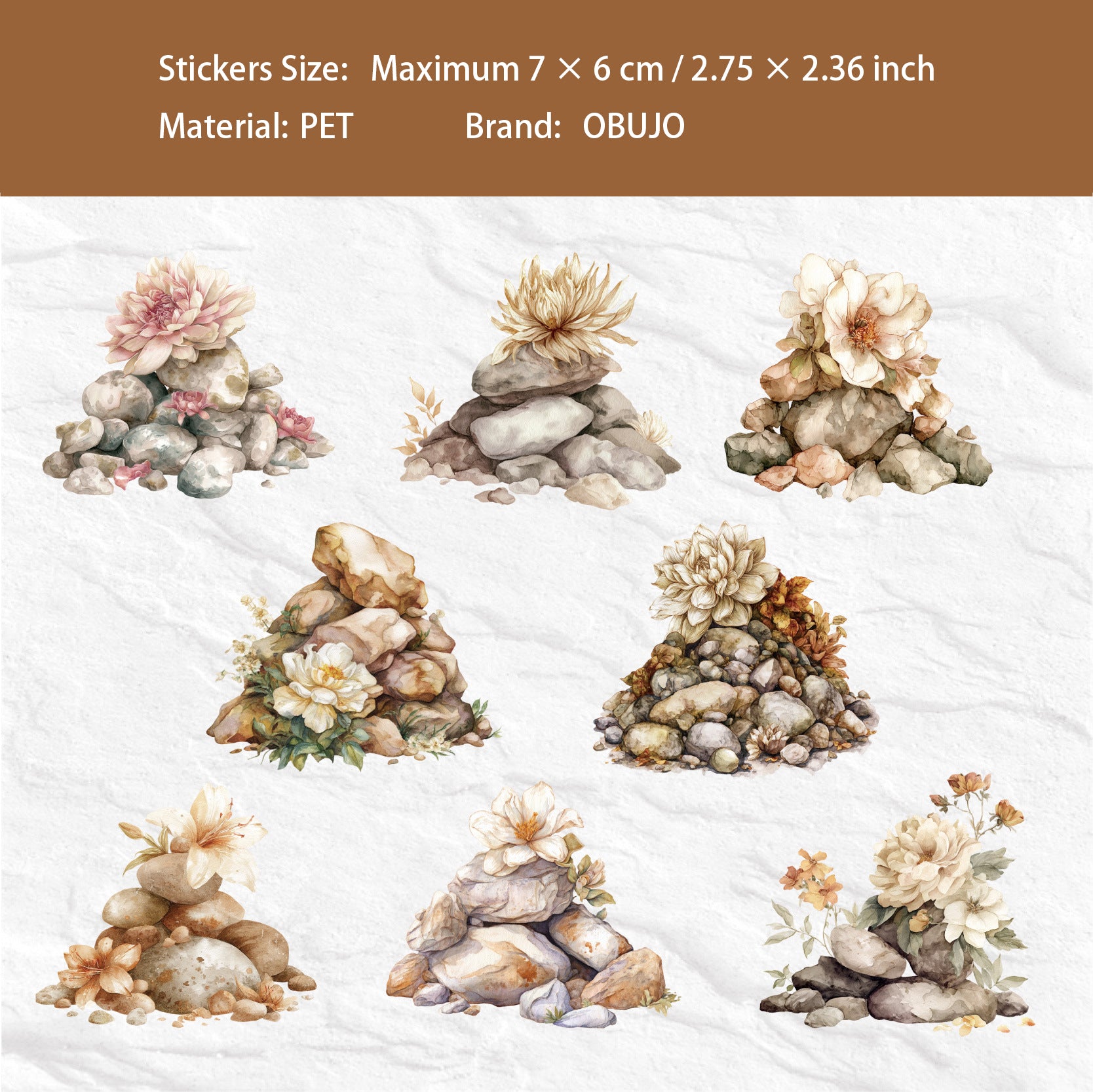16 Pcs Flower and Stone PET Stickers LJHX