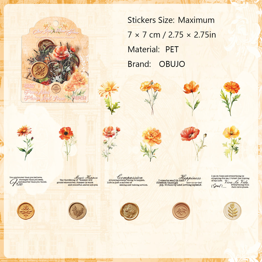 40 Pcs Watercolor Flower Seal PET Stickers CMSX