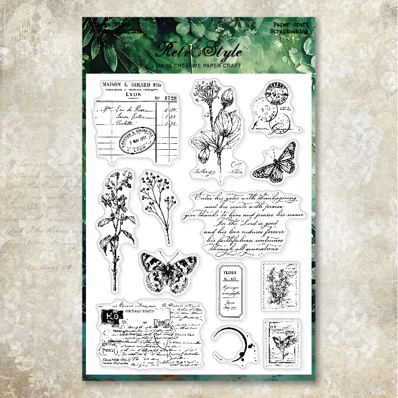 Vintage botanical flowers butterflies and documents silicone stamp set