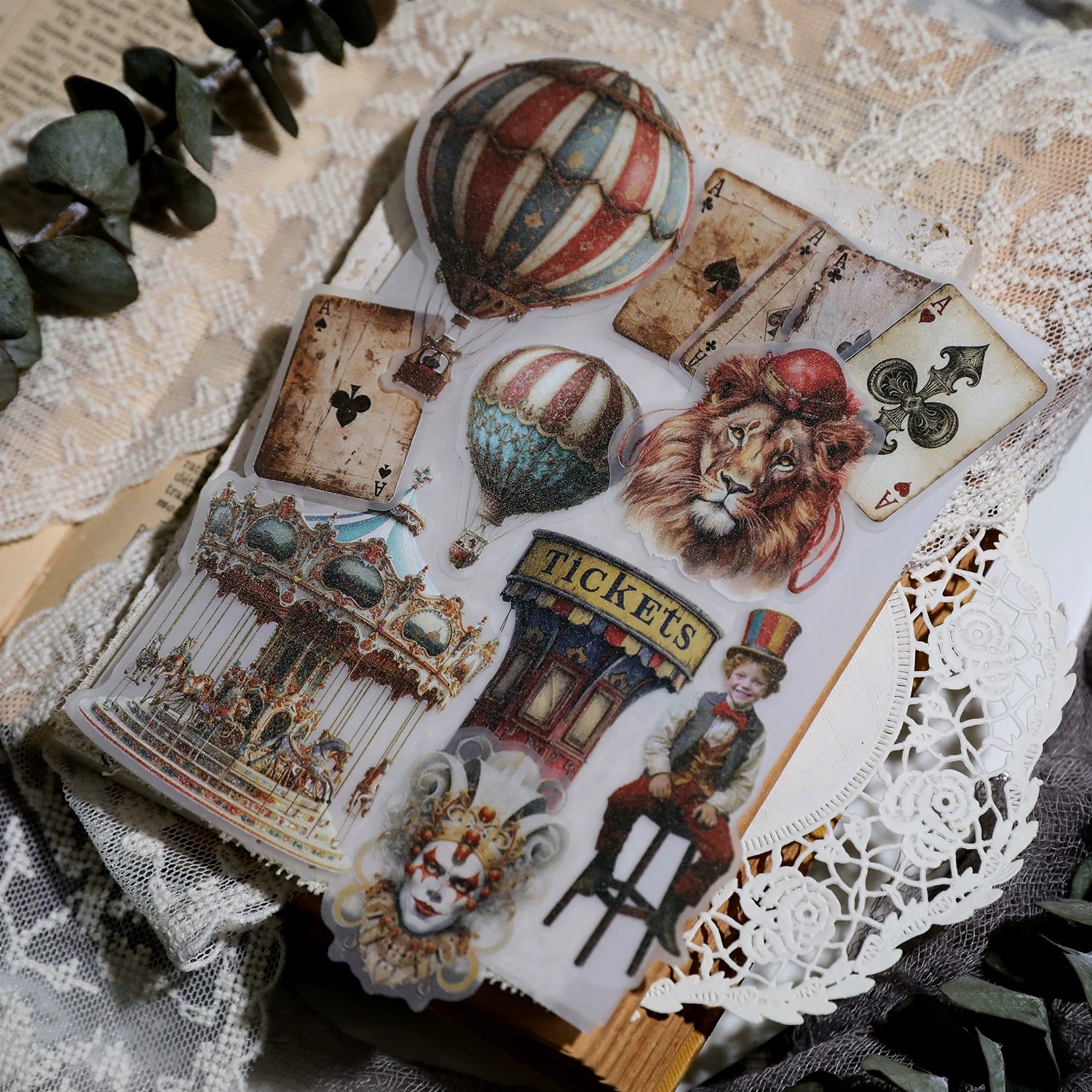 Retro circus clowns carousel and hot air balloon stickers