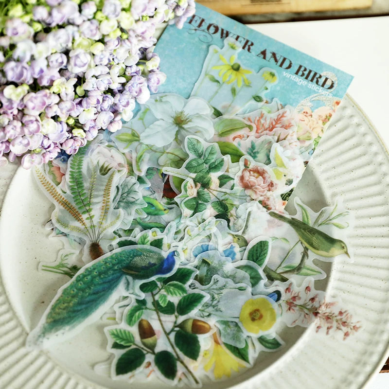 Vintage flower and bird vellum sticker assortment