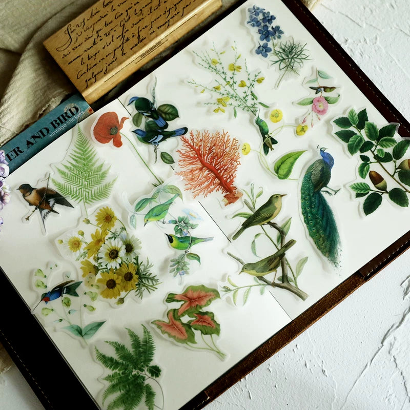 Botanical flower and bird stickers for junk journals