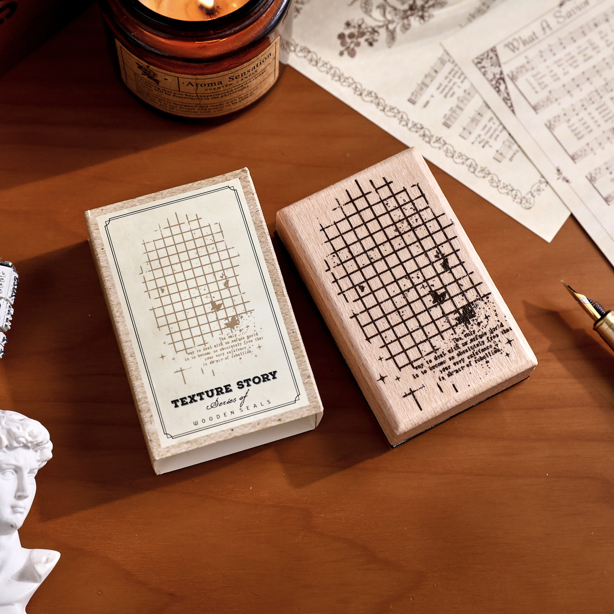 Vintage Grid Collage Wooden Stamp with packaging in the original styled photograph