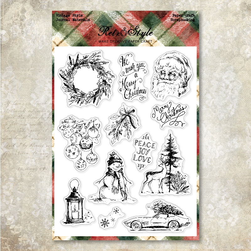 Vintage Santa wreath and snowman Christmas silicone stamp set
