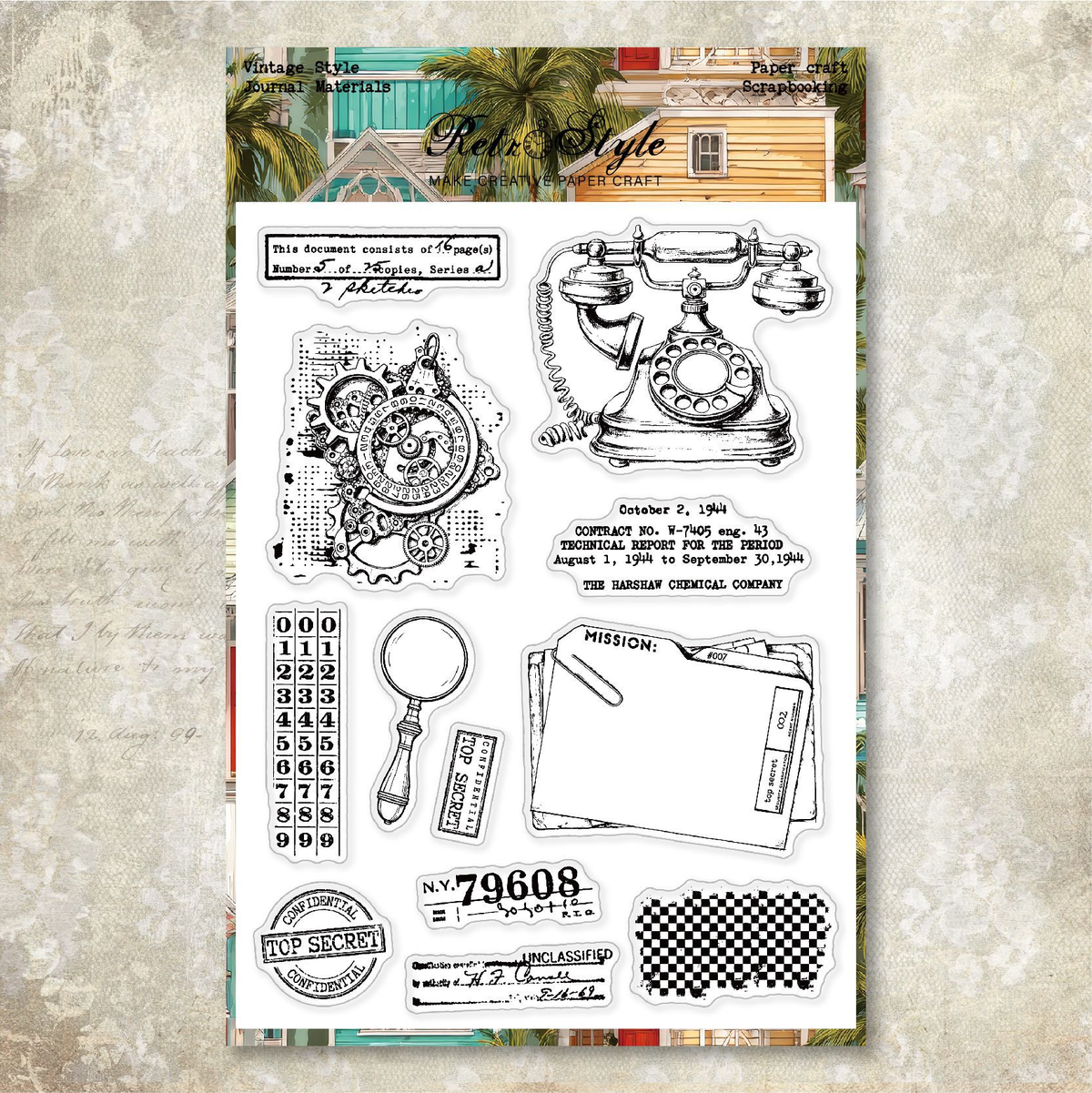 Vintage telephone secret file and document silicone stamp set