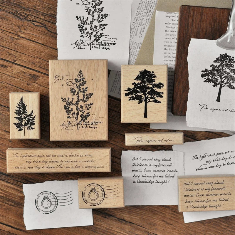 Vintage wooden rubber stamp collection detail