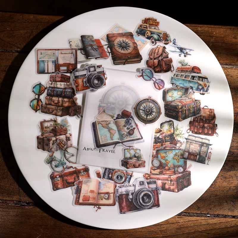 Vintage travel journaling stickers with cameras maps luggage and adventure motifs 1