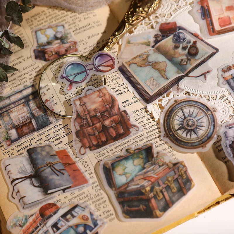 Vintage travel journaling stickers with cameras maps luggage and adventure motifs 2