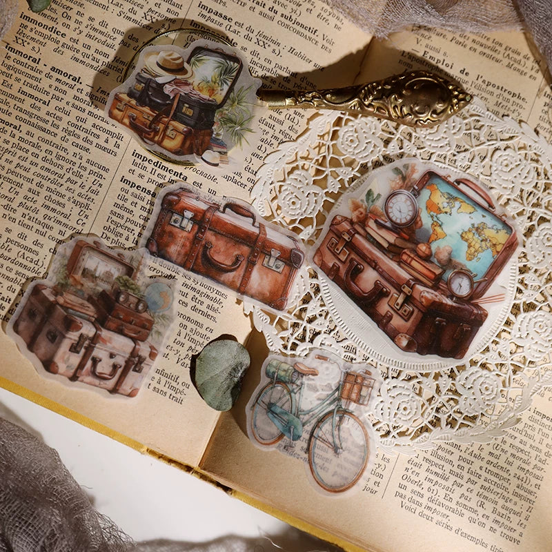 Vintage travel journaling stickers with cameras maps luggage and adventure motifs 3