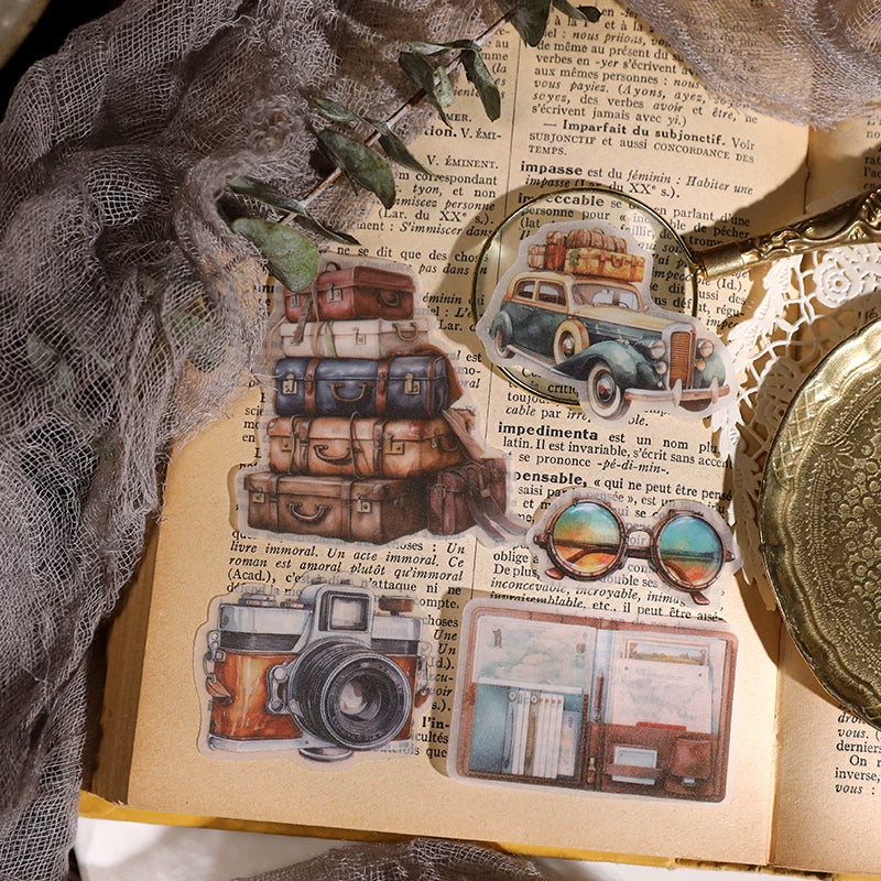 Vintage travel journaling stickers with cameras maps luggage and adventure motifs 4