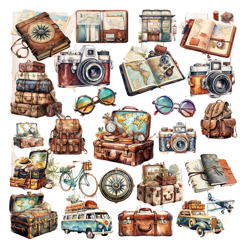 Vintage travel journaling stickers with cameras maps luggage and adventure motifs 5