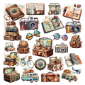 Vintage travel journaling stickers with cameras maps luggage and adventure motifs 5