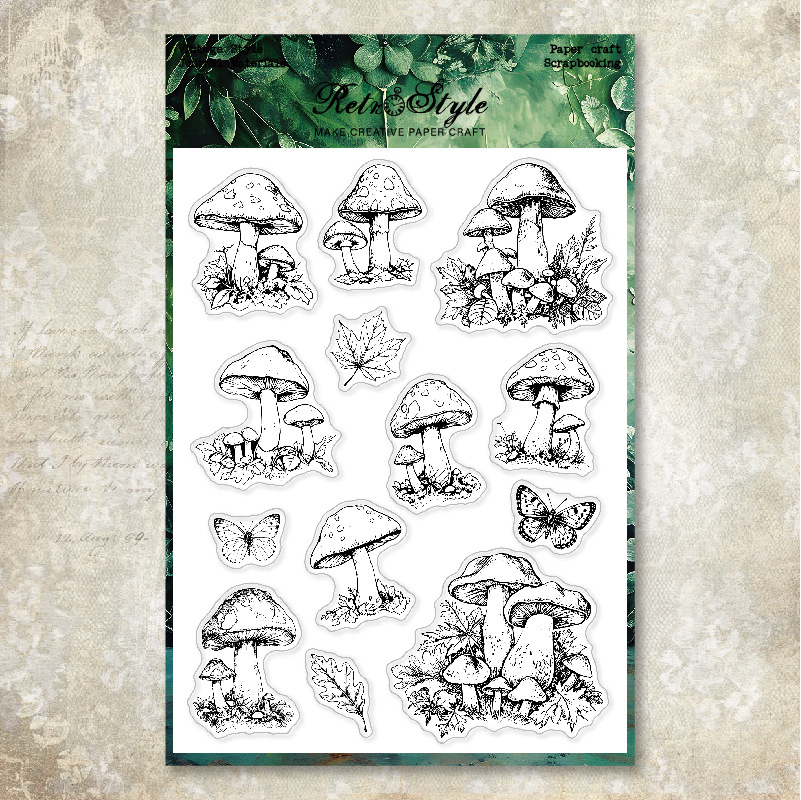 Vintage woodland mushroom leaves and butterflies silicone stamp set