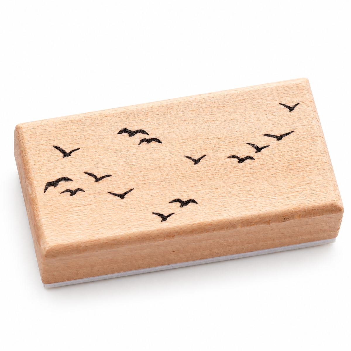 Rectangular wooden flying bird flock stamp on a white background
