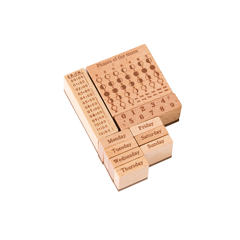 10PCS wooden moon phase calendar rubber stamp set